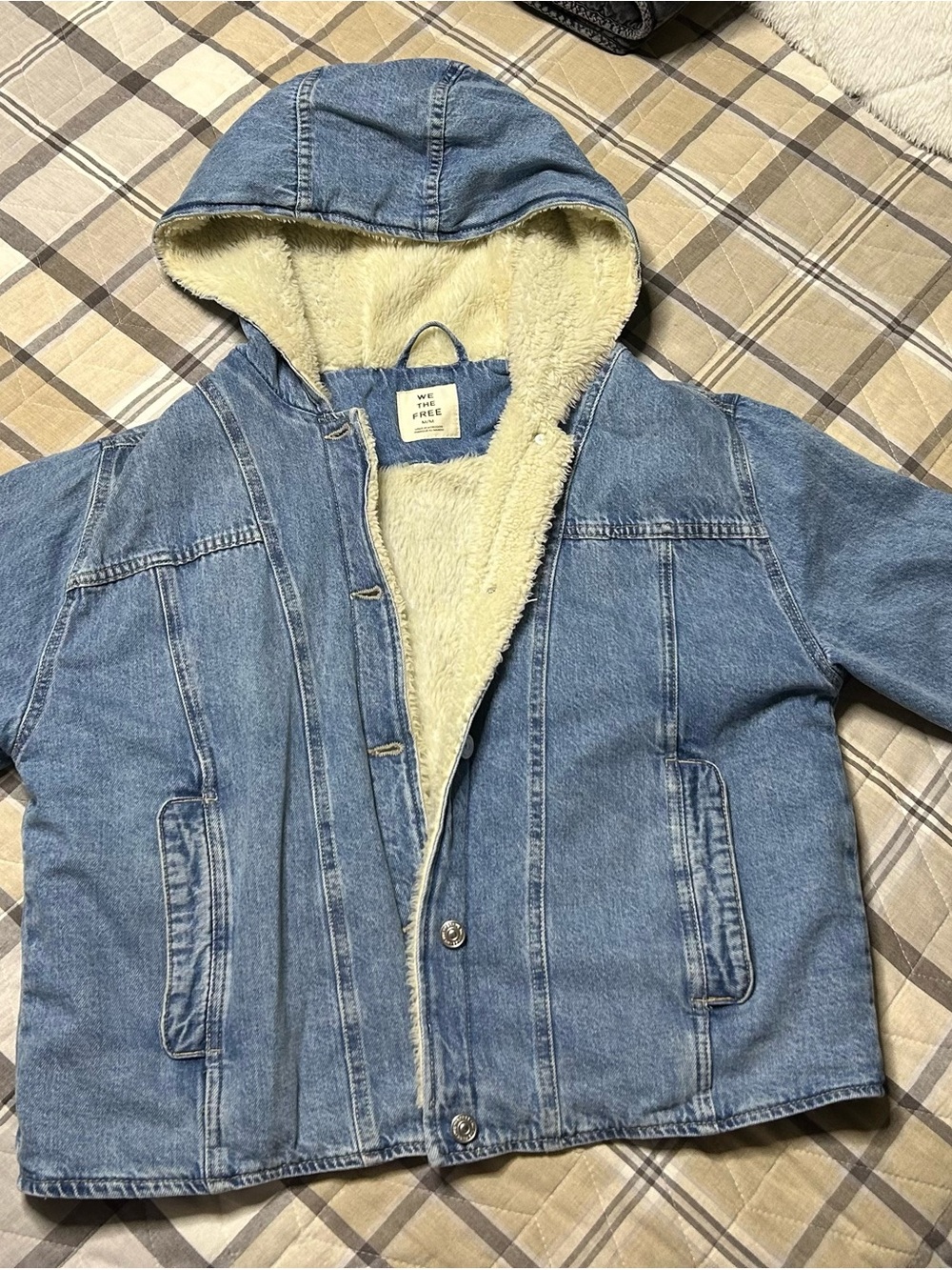 We The Free Light Blue Denim Hooded Jacket with Cream Sherpa Lining